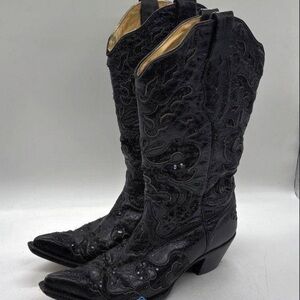 Corral Black Goat Leather w/Sequin Inlay, Embroidered Snip Toe Mid Heel Boots